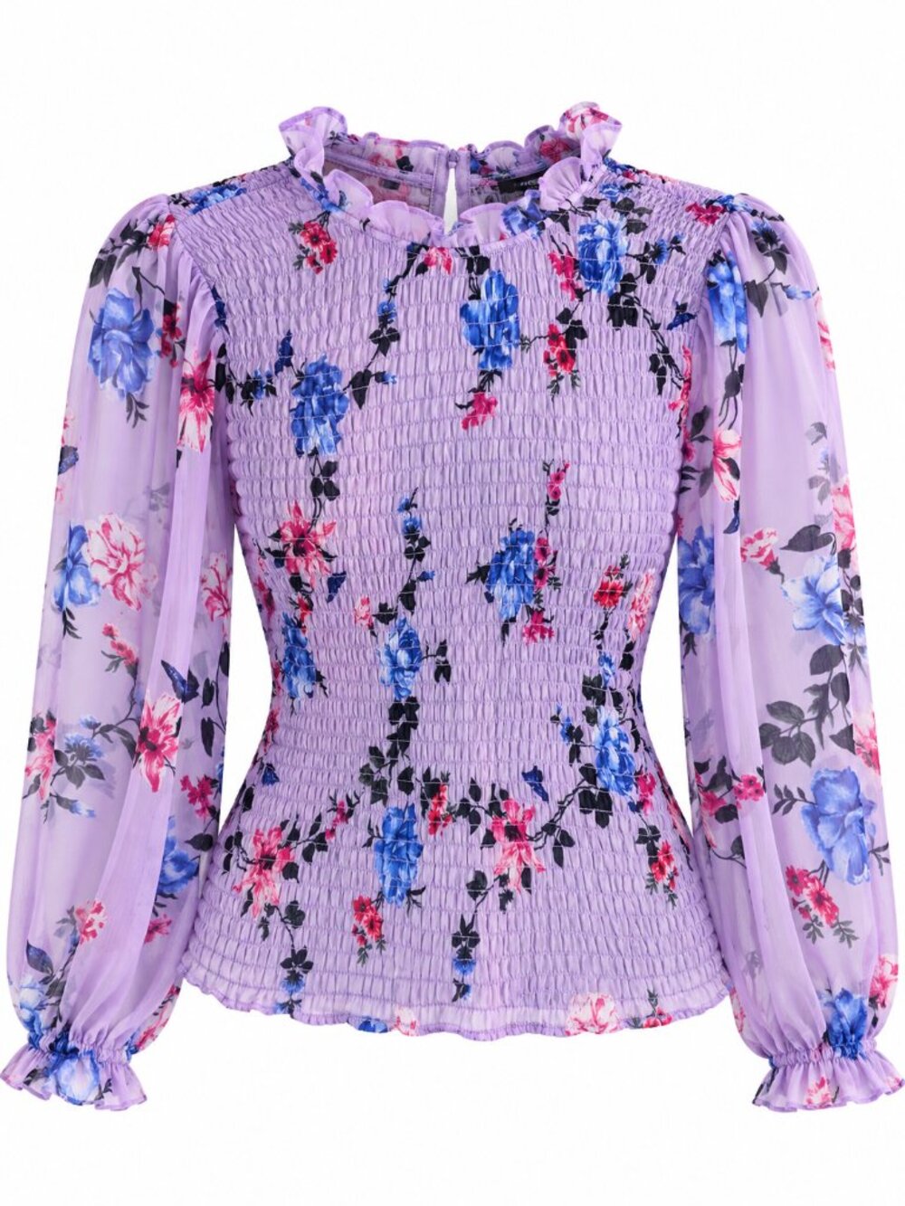 Express Floral Smocked Blouse Women’s Medium Lavender Sheer Long Sleeve Boho